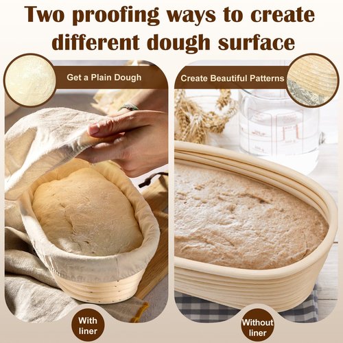P&P CHEF Sourdough Bread Baking Supplies, 9” Round & 10” Oval Sourdough Proofing Baskets Starter Kit, Bread Making Tool Set with Cloth Liner Bread Lame Scraper Brush Dough Whisk
