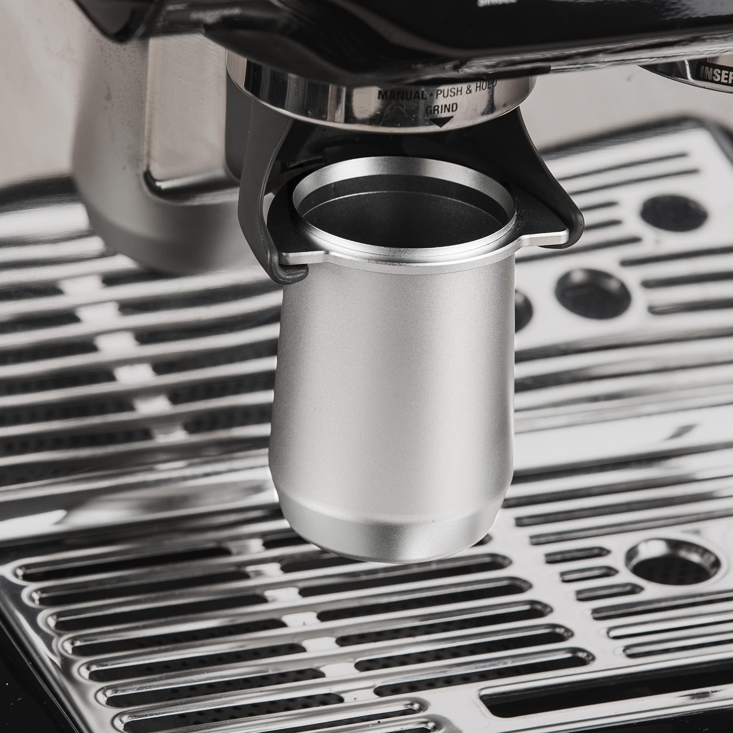 54mm Espresso Dosing Cup for Portafilter, Matte Silver Grounds Cup with Grinder-Activating Ring, Easy Transfer & Less Mess, Compatible with 54mm Breville Portafilters
