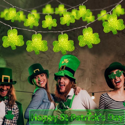 St Patricks Day Lights 6.8Ft Green Shamrock String Lights 10 LED Shatterproof Lucky Clover Light Battery Operated with Remote Timer, St Patricks Shamrock Light Indoor for Party Home Irish Decor