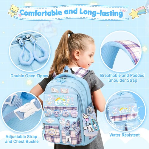 KIEAL 16.5/19IN School Backpack for Girls with 24Pcs Accessories, Anti-Theft Kids Backpack for Students, New Semester Presents with Pins and Card Holder