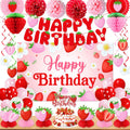 Strawberry Birthday Party Decorations with Strawberry Birthday Banner, Backdrop, Cake Topper, Balloons, Honeycombs, Hanging Swirls, Paper Fans & Pompoms