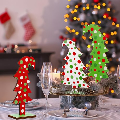 Meooeck 3 Pcs Lime Green Wood Christmas Tree Tabletop Bendable Christmas Tree Small Decor Farmhouse Standing with Rectangular Base for Home Office Tabletop Decor(Polka Dot)