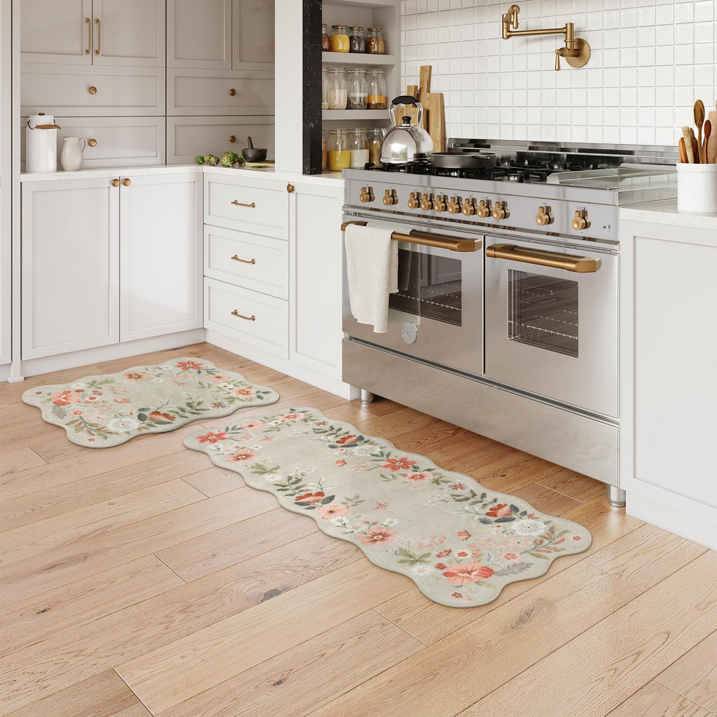 LEEVAN Washable Kitchen Rugs Sets of 2,Non Slip Soft Modern Floral Rugs for Kitchen Floor, Boho Tan Indoor Kitchen Rug for Laundry,Bathroom,Office(20''x31''+20''x47'')