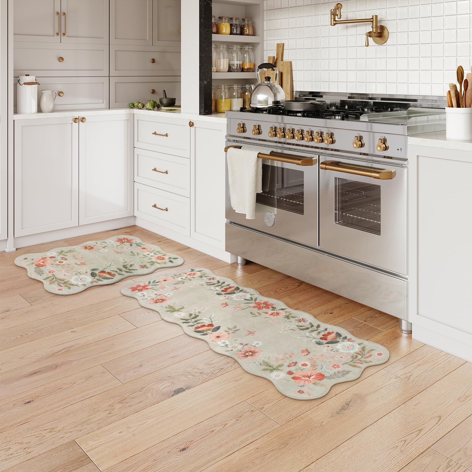 LEEVAN Washable Kitchen Rugs Sets of 2,Non Slip Soft Modern Floral Rugs for Kitchen Floor, Boho Tan Indoor Kitchen Rug for Laundry,Bathroom,Office(20''x31''+20''x47'')