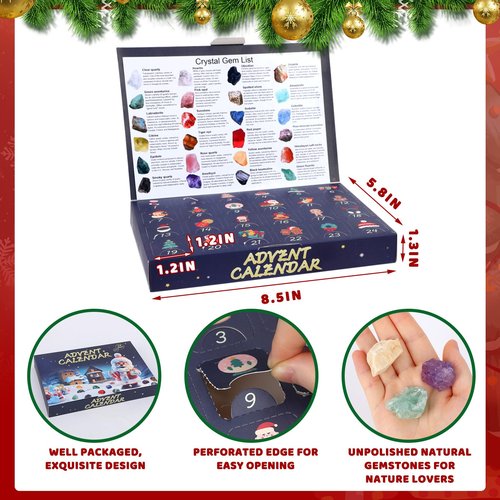 JULEASEL Gemstone Advent Calendar 2025, Rock Collection Advent Calendar for Kids with 24 Natural Gemstones to Open Each Day, Christmas Countdown Calendar for Boys Girls Teens and Adults