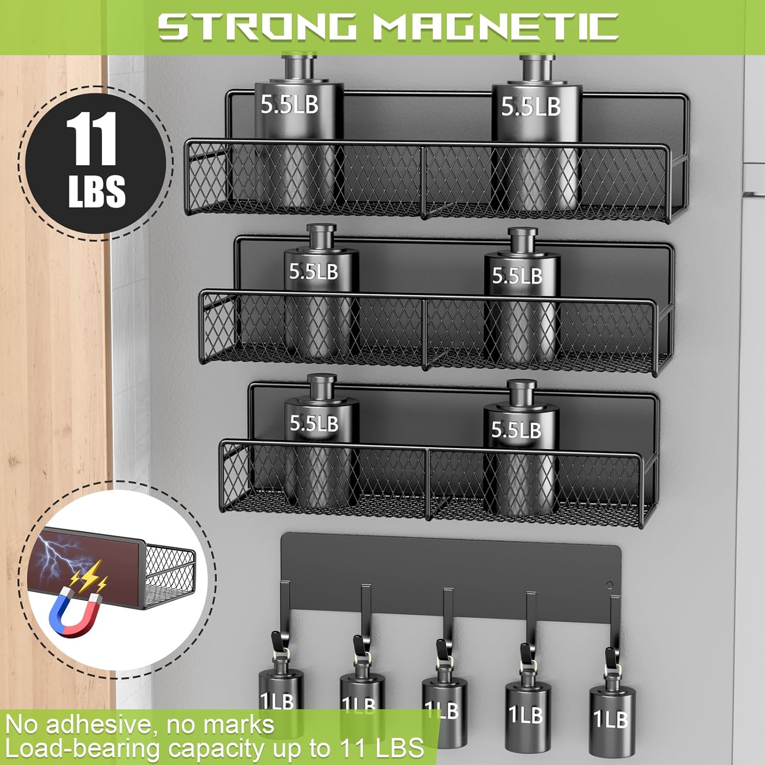 Skiennix Magnetic Shelves - Heavy-Duty Laundry Organizer with Hooks | 4 Pack, Black Metal Storage Baskets