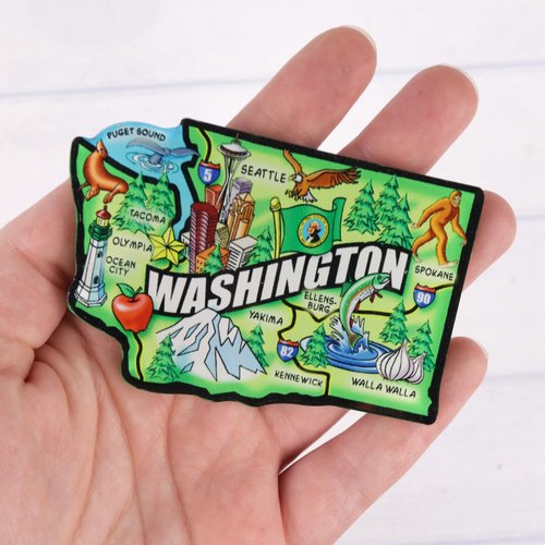 Washington State Map Acrylic Magnet, Pacific Northwest Travel Fridge Souvenir, Collectible Keepsake, 3.25 x 2.25 Inches