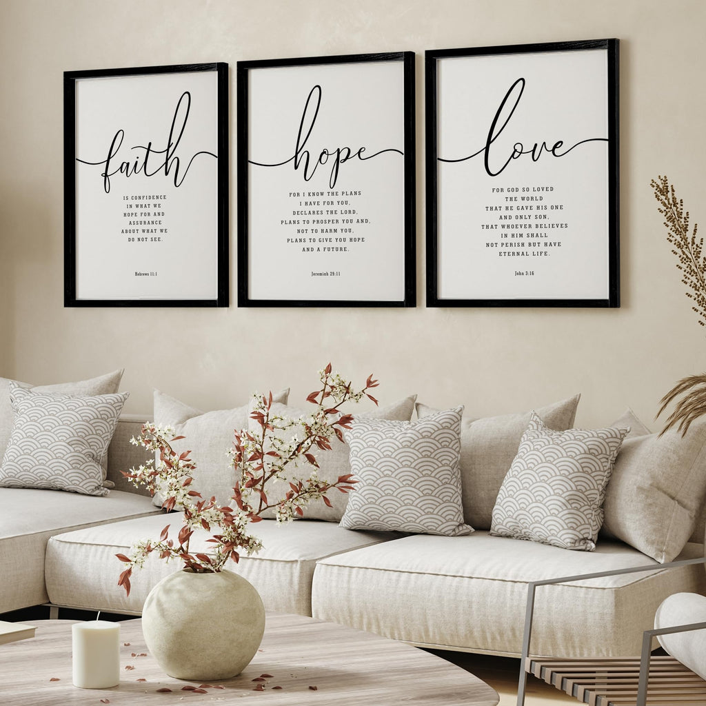 Houmury 3PCS Framed Faith Hope Love Bible Verses Wall Art Farmhouse Religious Quotes Wall Decor Inspirational Wall Art (Black, 16"x24")