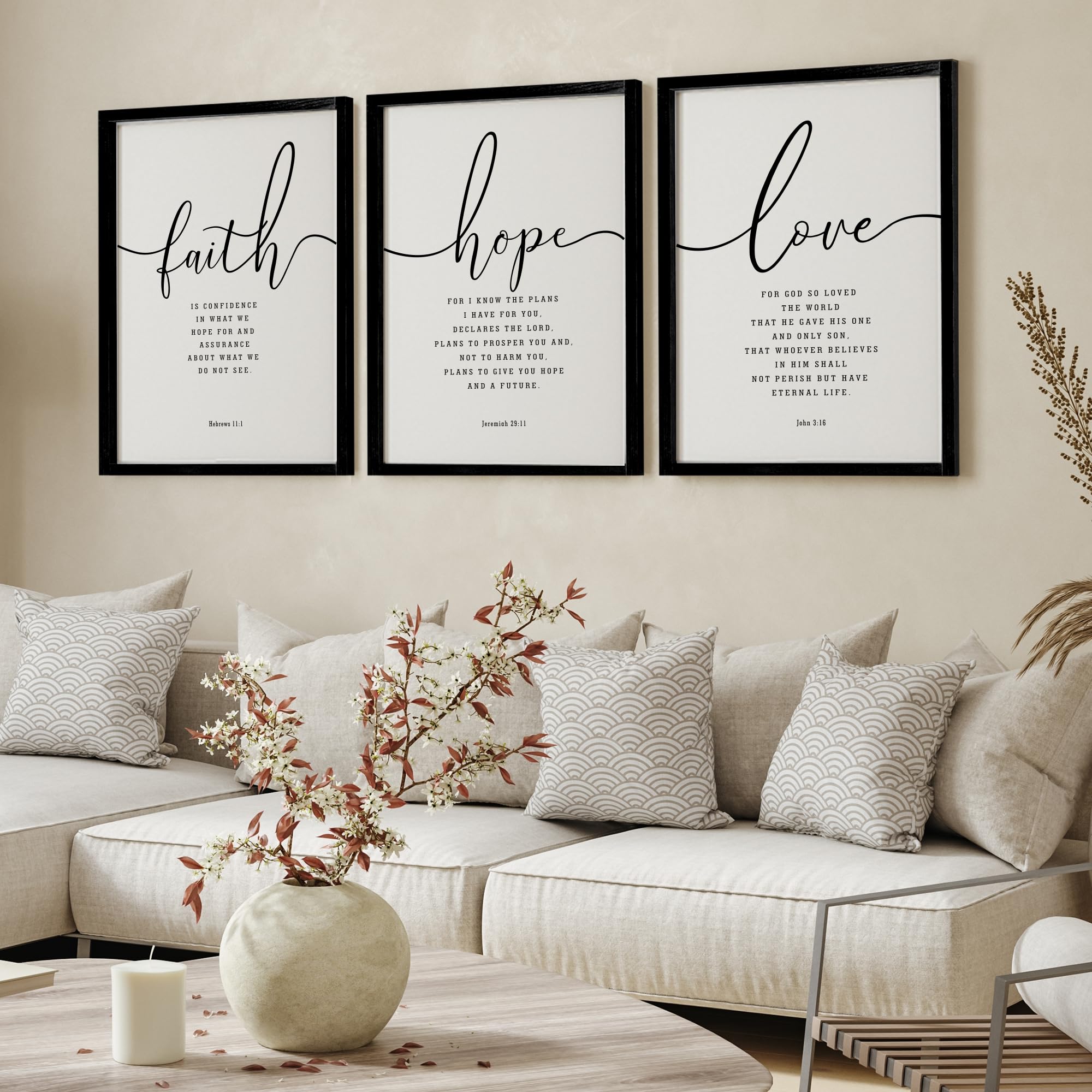 Houmury 3PCS Framed Faith Hope Love Bible Verses Wall Art Farmhouse Religious Quotes Wall Decor Inspirational Wall Art (Black, 16"x24")