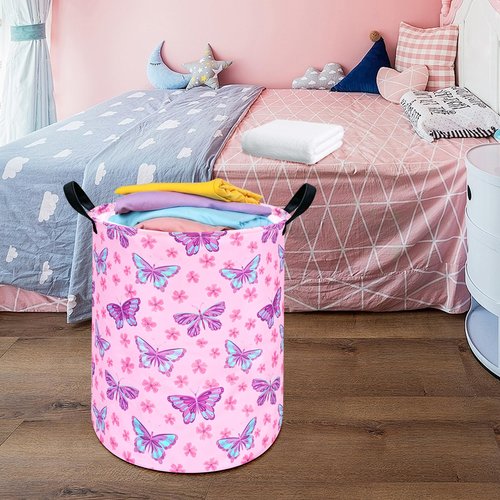 HUAYEE Round Butterfly Pattern Laundry Hamper Storage Basket Fabric Material Storage Hamper Organization Basket, Storage Bin, Gift Box with Handles for Room