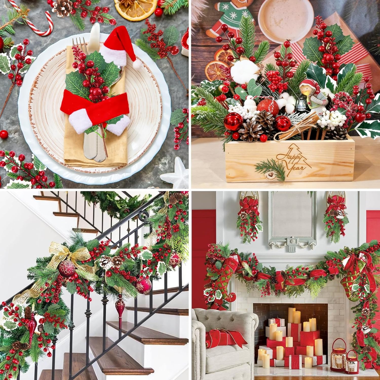Pinecones Red Berry Picks - 12 Pcs Christmas Floral Stems for Wreaths & Tree Decor