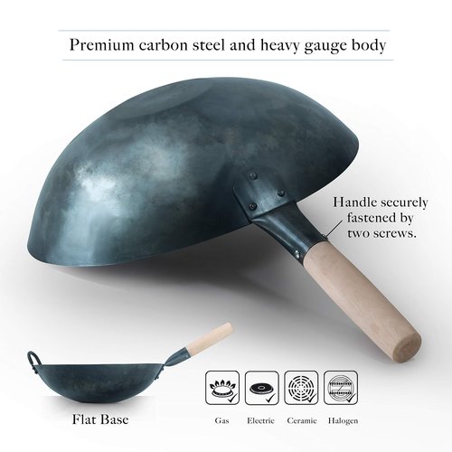 Mammafong Pre Seasoned Blue Carbon Steel Flat Bottom Wok -14 Inch Chinese Pow Wok - Traditionally Hand Hammered Woks and Stir Fry Pans