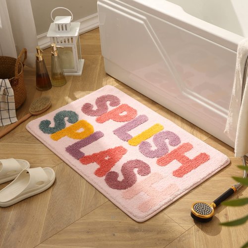 DBJOY Kids Bath Rugs Microfiber Bathroom Non-Slip Mat Washable Cute Bath Mat for Kids Modern Absorbent Funny Letters (Splish-Pink, 20"x32")