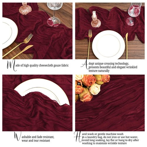24 Pack Burgundy Table Runner 10Ft Cheesecloth Table Runner Rustic Gauze Table Runners Romantic Long Sheer Fabric Cheese Cloth Table Runners for Wedding Party Bridal Baby Shower