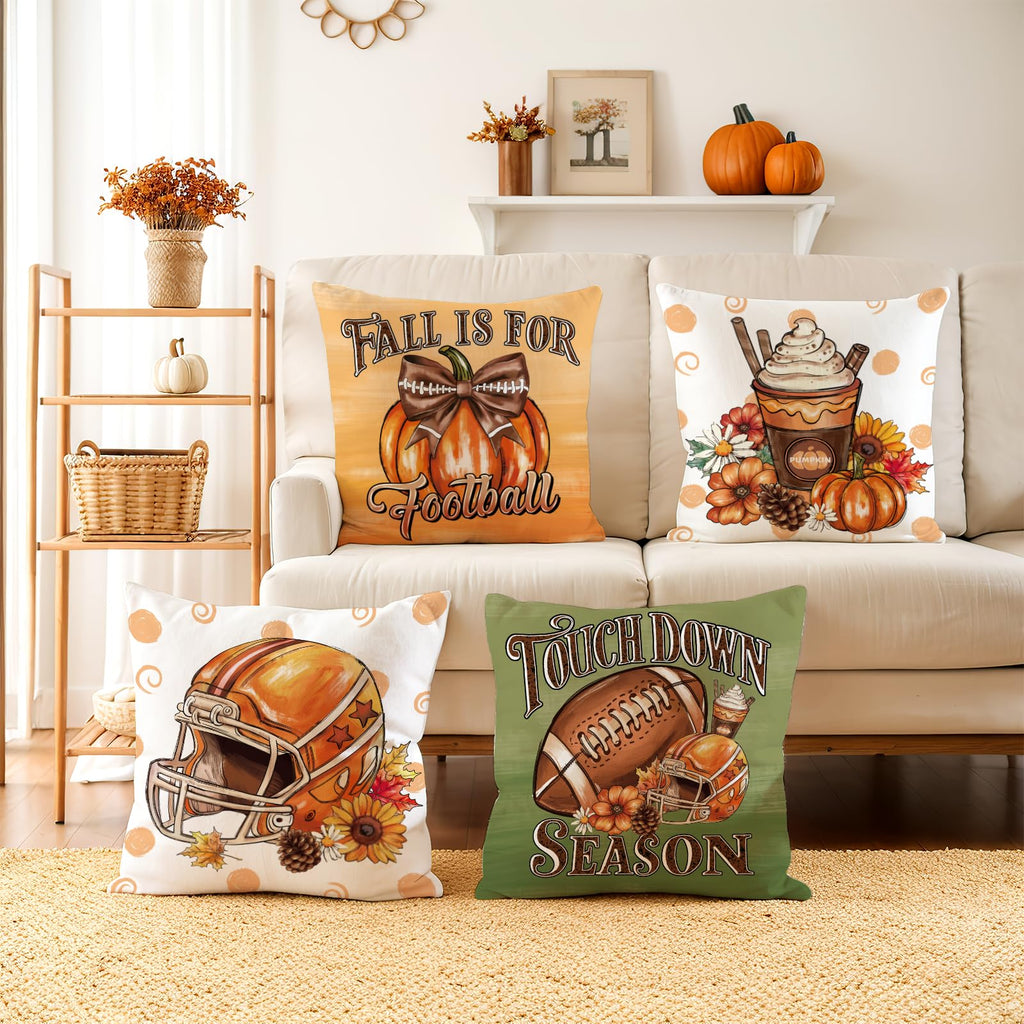 SEGXCFL Fall Pillow Covers 18x18 Set of 4,Football Velvet Throw Pillows Farmhouse Autumn Pillowcases Decorative Home Decor for Couch Sofa, Porch Bed Living Room Fall Home Decorations