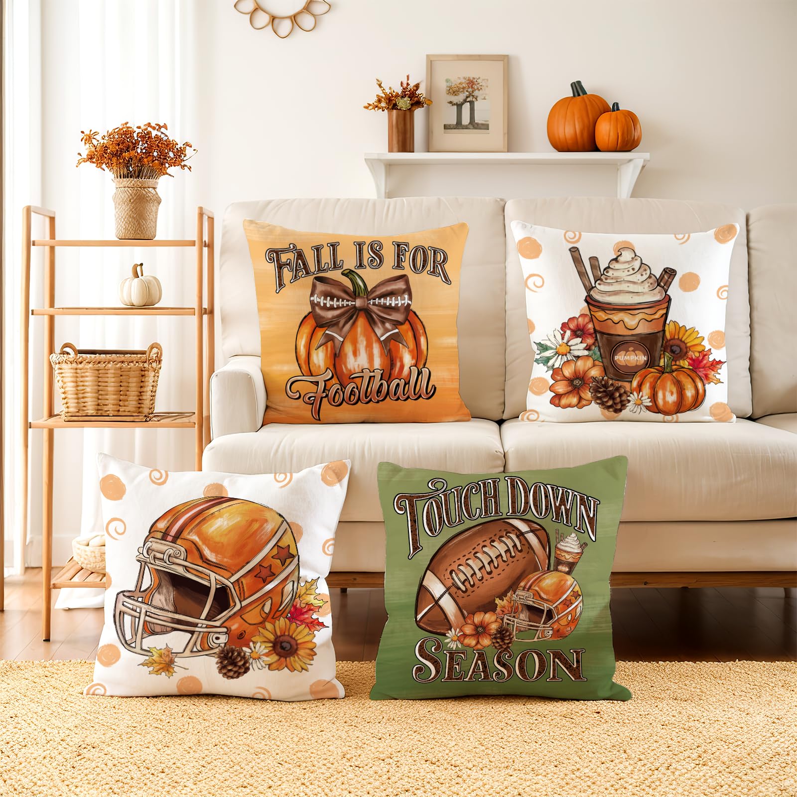SEGXCFL Fall Pillow Covers 18x18 Set of 4,Football Velvet Throw Pillows Farmhouse Autumn Pillowcases Decorative Home Decor for Couch Sofa, Porch Bed Living Room Fall Home Decorations