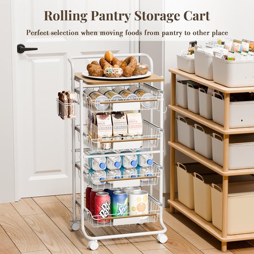PantryNest Kitchen Organizer Cart with Wheels, 5 Tier Fruit and Vegetable Storage Basket, Rolling Storage Cart for Kitchen, Pantry, Bathroom, Upgraded Design with Slide-Out Shelves, White