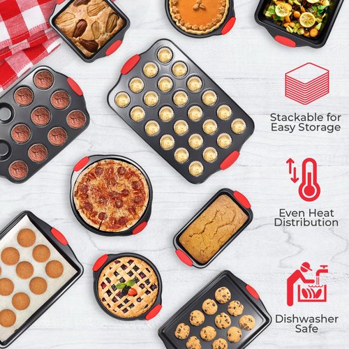 PERLLI Non-Stick 10-Piece Baking Pan Set, BPA-Free Carbon Steel Bakeware Set with Silicone Handles, Stackable Kitchen Oven Set, Cookie Sheet, Baking Tray, Baking Sheet Set, Oven Safe (446°F)