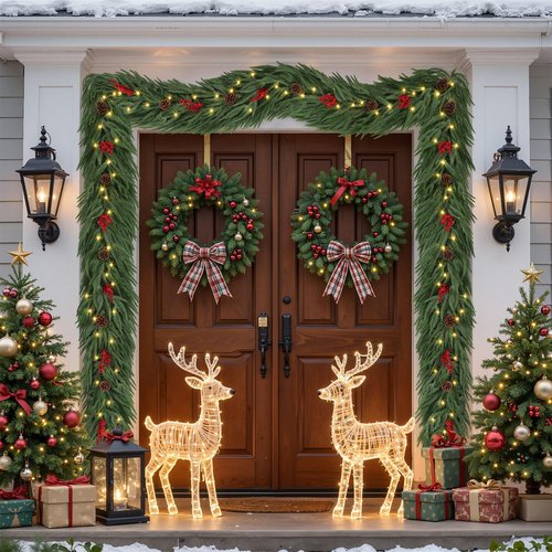 9FT Prelit Christmas Garland, Realistic Green Norfolk Pine Garland with Lights Battery Operated for Mantle Stairs Railing Fireplace Table Indoor Xmas Decor