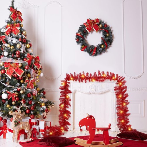 Jutom 13.2 ft Valentine's Garlands with 16.4 ft LED Lights Artificial Garland Romantic Pine Valentine Garland Decoration for Stairs Fireplace Mantel Front Door Porch Holiday Party(Red)