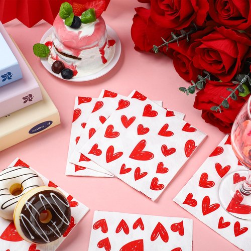 100 PCS Valentine's Day Cocktail Napkins Red Heart Disposable Dinner Napkin 3-Ply Valentines Hearts Paper Napkins for Valentine's Day Weddings Bridal Baby Shower Tea Birthday Party Supplies