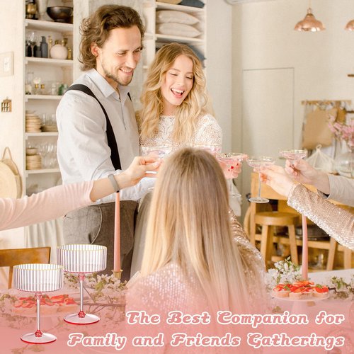 XUWAIDSGN 12 Pcs Champagne Martini Glasses 9 Oz with Gilded Removable Gold Rim Coupe Glasses Pink Martini Glasses Plastic Mimosa Vintage Coupe Glasses Set For Wedding Anniversary (12, Ribbed Pink)