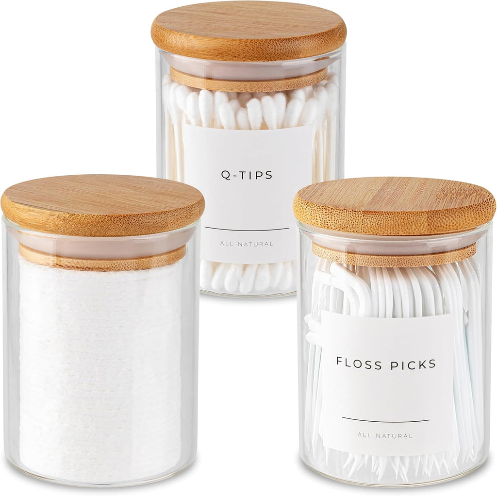 Vase and Vessel Mini Glass Apothecary Jars - Bamboo Lids for Stylish Storage | Set of 3, 10 oz Clear