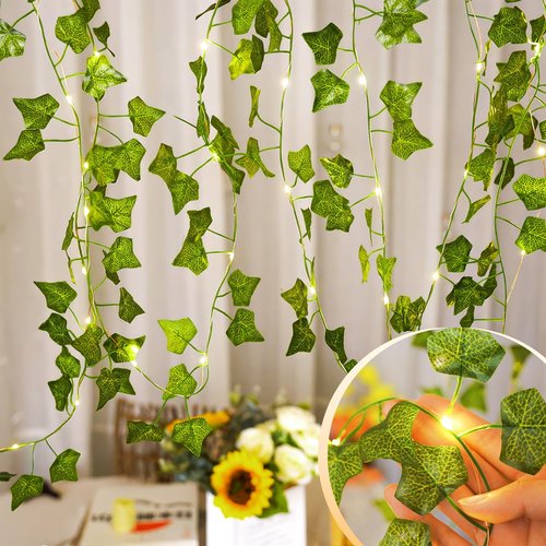 KASZOO 33ft 100 LED Vine with Fairy Lights with Remote, Fake Vines String Lights Battery/USB Operated, Ivy Garland, Leaf Lights for Bedroom Garden Party Wall Room Decor