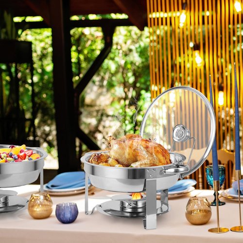 GarveeHome Chafing Dish Buffet Set 4 Pack 5 QT, Stainless Steel Round Chafing Dishes for Buffet with Lid Holder & Glass Lid, Buffet Servers and Warmers for Parties, Wedding, Camping, Dinner, Silver