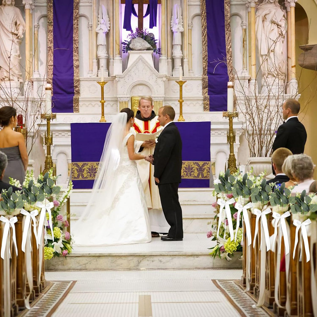 Regine Switzerland Wedding Aisle Decorations - 24 Sets of Elegant White Ribbon Bows with Eucalyptus Stems for Ceremony and Chair Sashes