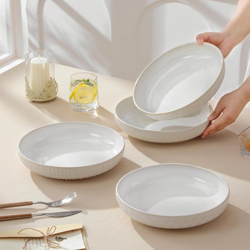 MALACASA Pasta Bowls - 48 Oz Large Ceramic Salad Bowls | Modern Relief Design, Set of 4, Microwave & Dishwasher Safe