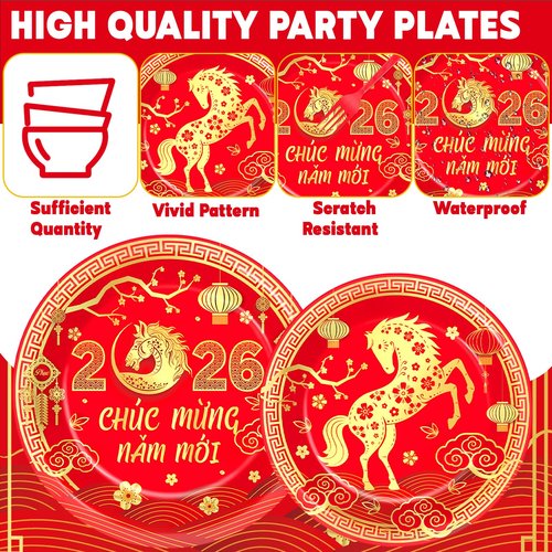 96Pcs Vietnamese New Year Party Decorations Vietnamese Horse Themed New Year Plates and Napkins 2026 Red Gold Horse Tableware Dinnerware Party Supplies for Spring Festival Lunar Decor Serves 24 Guests