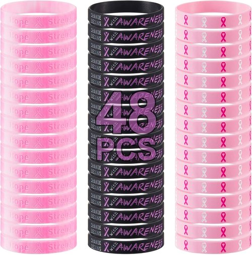 Biubee Breast Cancer Awareness Bracelets - 48Pcs Pink Ribbon Silicone Wristbands for Women Survivor Gifts