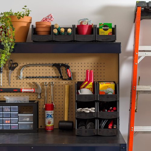 IRIS USA Large Stackable Storage Bins - 8-Pack Open Front Organizers for Garage & Pantry | 13"L x 6"W x 5"H - Black