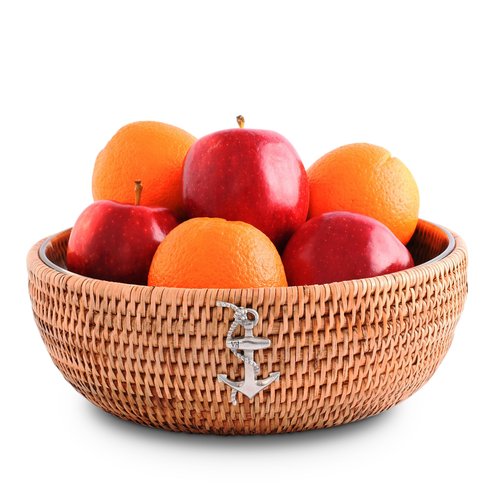 Vagabond House Handmade Eco-Friendly Rattan Serving Bowl with Pewter Anchor and Removable Glass Dish - Classic Stylish Fruit Basket for Kitchen, Ideal for Beach House Fruit Salads and Fruits