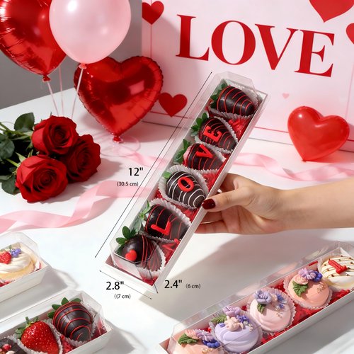 JCXGRVC 50 Pack 12 x 2.8 x 2.4 Inches Chocolate Covered Strawberries Boxes Macaron Boxes with Clear Lids 12 Inches Long Bakery boxes with Window for Chocolate truffle Cocoa Bombs,Cookies