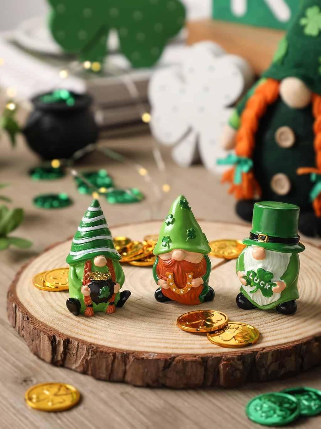 St. Patrick's Day Gnome Decor - 3Pcs Lucky Resin Gnome Ornaments for Tiered Tray | Home Table & Shelf Decor