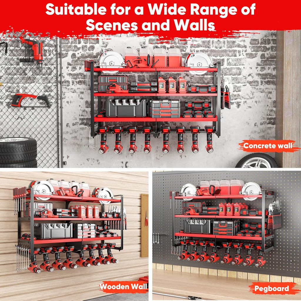 POKIPO Heavy-Duty Power Tool Organizer - Wall-Mounted 4-Layer Storage Rack for 400lbs | Includes 8 Cordless Drill Holders