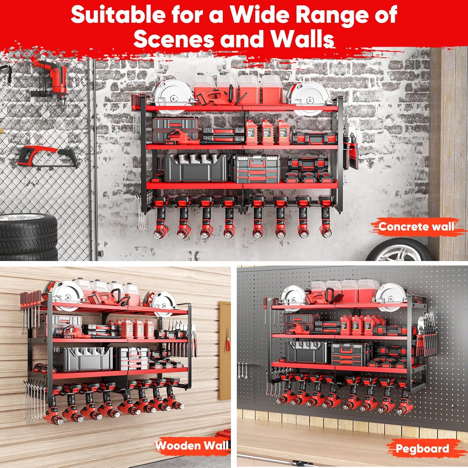 POKIPO Heavy-Duty Power Tool Organizer - Wall-Mounted 4-Layer Storage Rack for 400lbs | Includes 8 Cordless Drill Holders