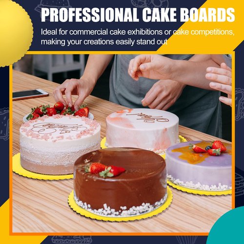 Nuenen 100 Packs Gold Cake Boards Round 10 Inch Cakeboard Circle Scallop Edge Cardboard Base Boards Disposable Cake Plate Grease Proof and Oil Proof Suitable for Wedding Birthday Decorating