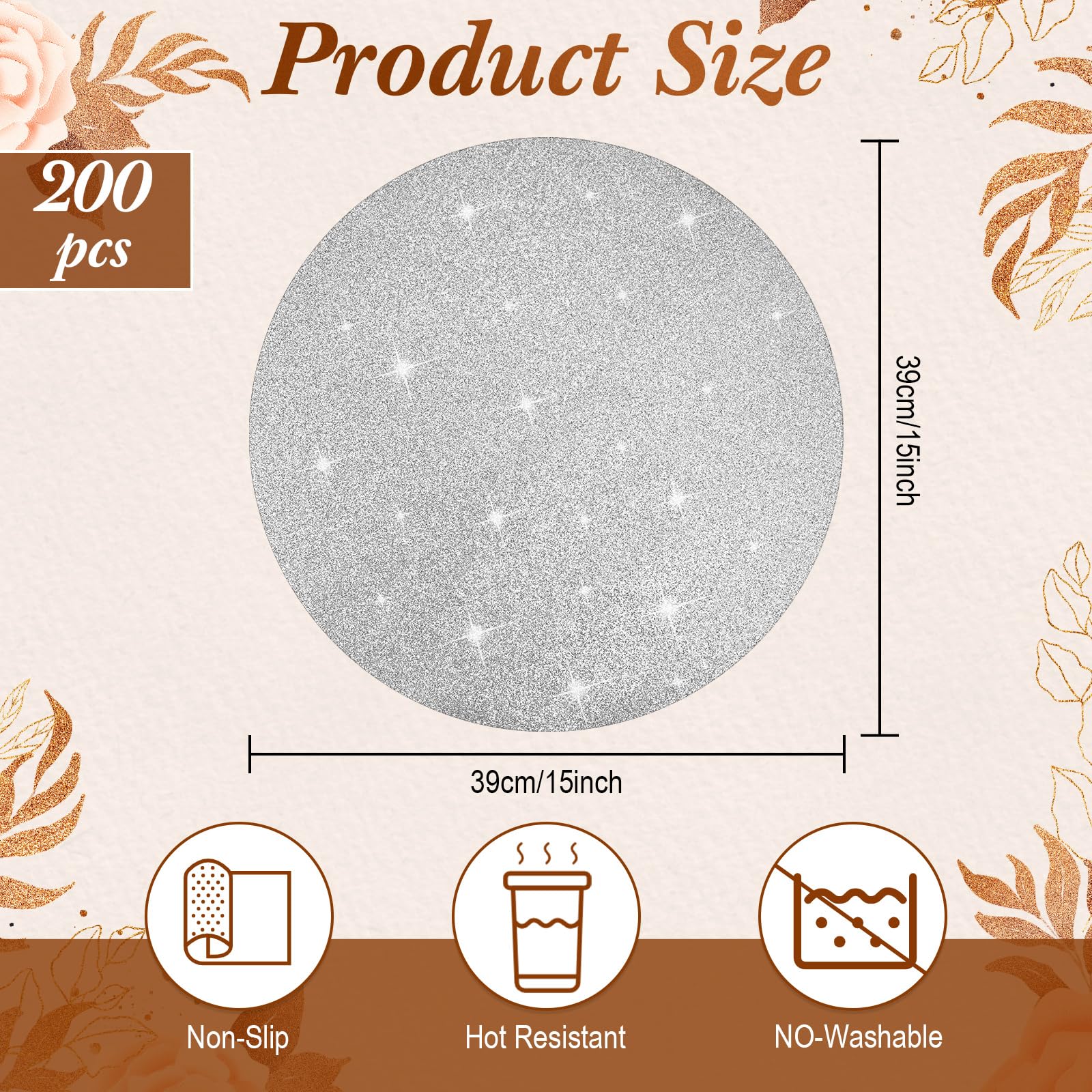 Pasimy 200 Pcs Silver Glitter Paper Place Mats 15 Inch Sparkle Round Disposable Table Mats Silver Sequin Doilies Decorative Placemats for Wedding Banquet Party Home Dining Tableware