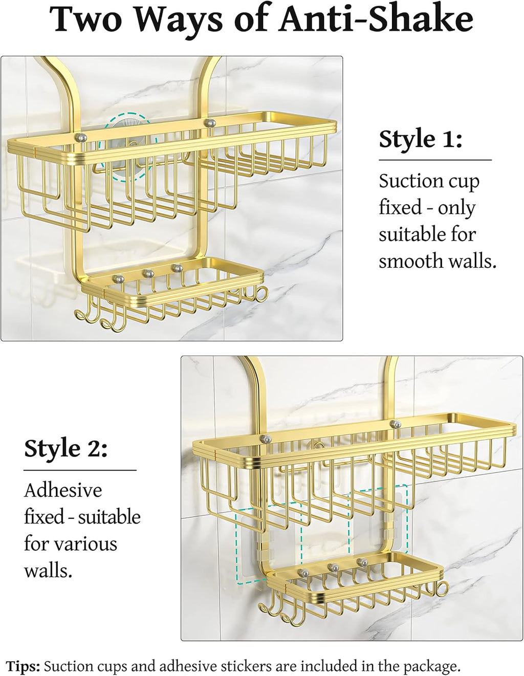 YASONIC Shower Caddy Organizer - Rust-Free Aluminum Over-the-Showerhead Rack with 10 Hooks & Soap Basket - Gold