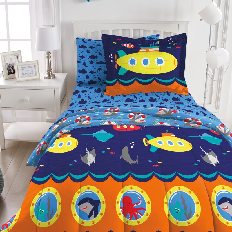 Twin Submarine Comforter Set for Kids - Navy Microfiber Bedding with Sea Animal Prints