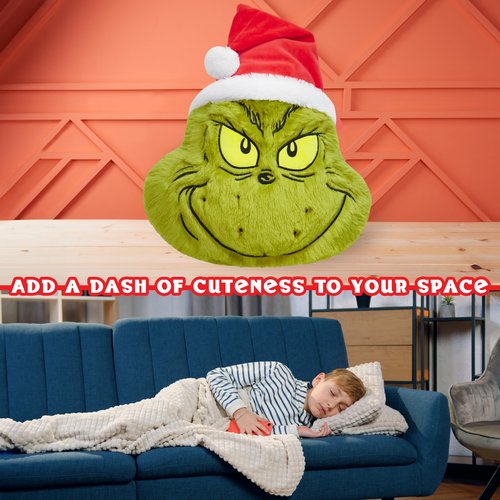 The Grinch 3D Plush Pillow Cushion for Bed, Couch, Throw Pillows Room Decor 21x14 inches, Christmas Home Decor Accessories, Funny Xmas Gifts