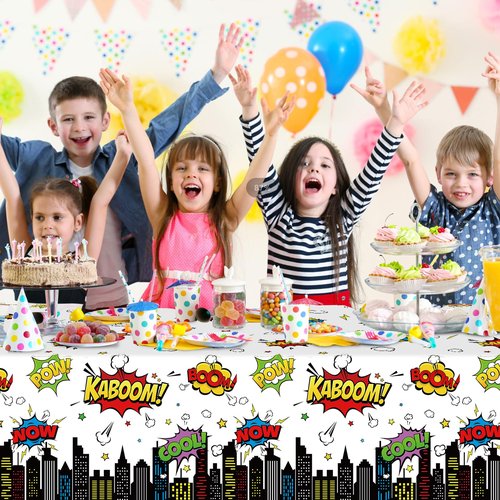 3Pcs Hero Themed Birthday Party Tablecloths Decorations,White Cityscape Super Bang Plastic Table Cover Disposable Rectangle Table Cloth for Baby Shower Kids Boys Birthday Party Supplies,54x108 Inch