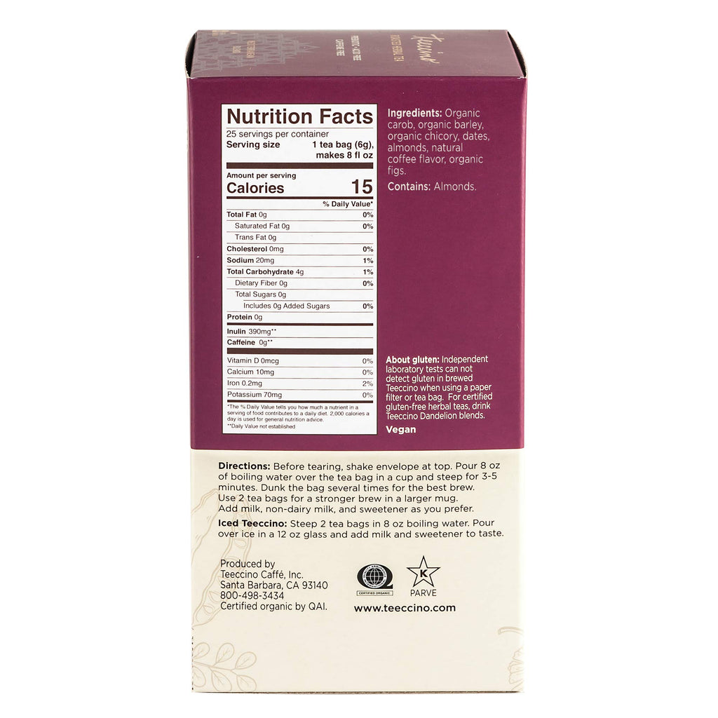 Teeccino Java Herbal Tea - Rich & Roasted Herbal Tea That’s Caffeine Free & Prebiotic for Natural Energy, 25 Tea Bags