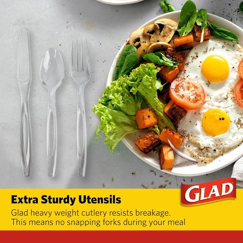 Glad Clear Disposable Cutlery Set - Heavy Duty Plastic Forks, Knives & Spoons | 240 Count, Dishwasher Safe