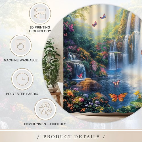 ZQANZQ Waterfall Shower Curtain Rustic Floral Butterfly Fantasy Forest Tropical Green Plant Lake Fairytale Spring Garden Nature Landscape Bathroom Decor Set with Hooks