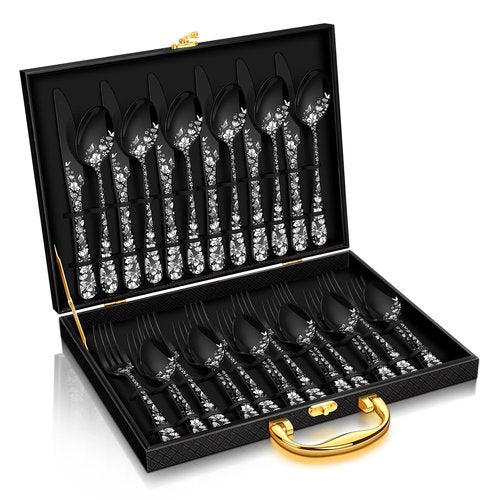 Stapava 30 Pcs Black Silverware Set with Gift Box, Stainless Steel Flatware Set for 6, Mirror Cutlery Include Forks Spoons and Knives Set, Dishwasher Safe Utensils for Home Restaurant Hotel