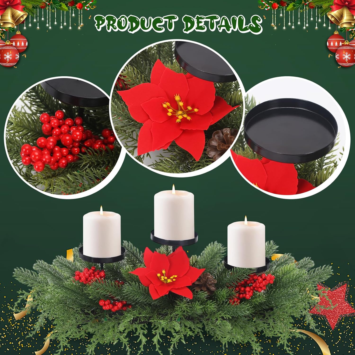 Regine Switzerland Christmas Advent Wreath Candle Holder - Festive Table Centerpiece with 3 Holders, Red Berries & Pinecones